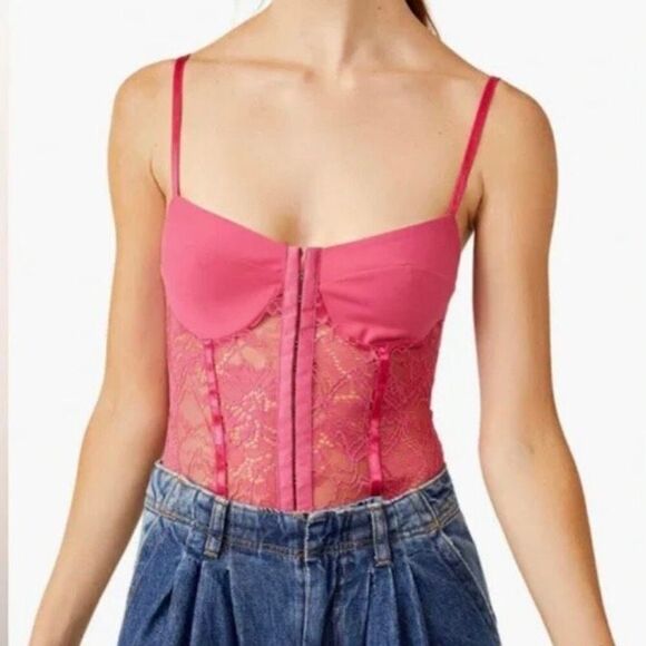Free People Pink Sheer Sweetheart Neck Lace Faux Corset Bodysuit NWT Size Large - Picture 1 of 7